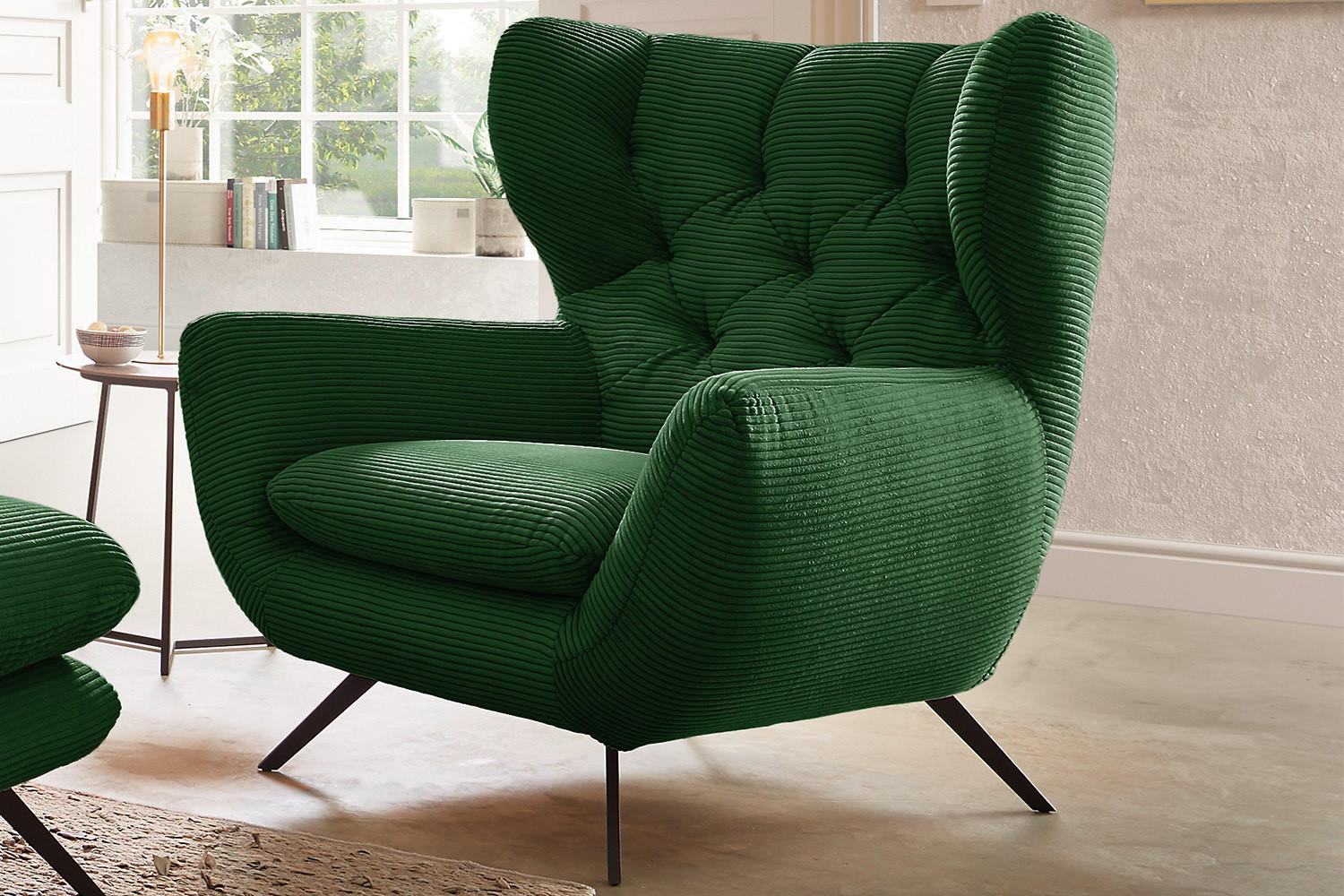 SESSEL CHARME Smaragdgrün Cord - Smaragdgrün/Schwarz, Textil/Metall (100/106/95cm) - KAWOLA