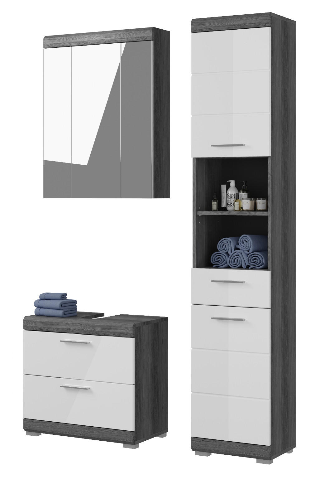 BADMÖBEL-SET weiß Hochglanz, grau 3-teilig 112 cm, Komplettset mit 15 Fächern - Weiß Hochglanz/Grau, Holzwerkstoff (112/191/34cm) - Inn.Furn