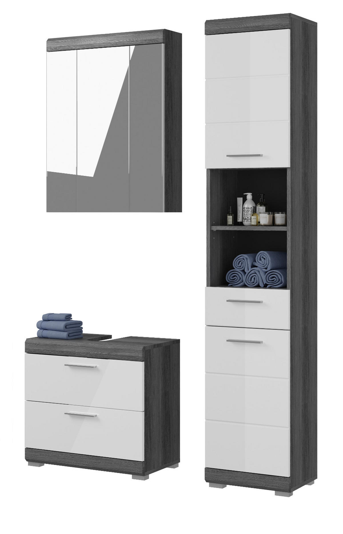 BADMÖBEL-SET weiß Hochglanz, grau 3-teilig 112 cm, Komplettset mit 15 Fächern - Weiß Hochglanz/Grau, Holzwerkstoff (112/191/34cm) - Inn.Furn