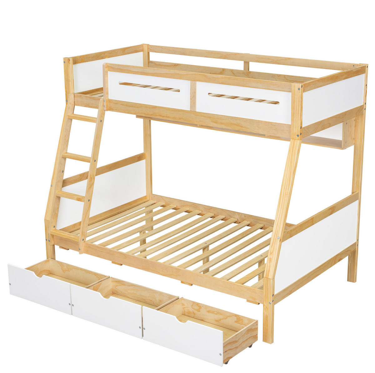 ETAGENBETT 90/200 cm und 120/200 cm mit 3 Schubladen, Bilderbuchregal und Trittleiter aus Kiefer/MDF, Weiß/Natur - Weiß, Holz (90/200cm) - Redom