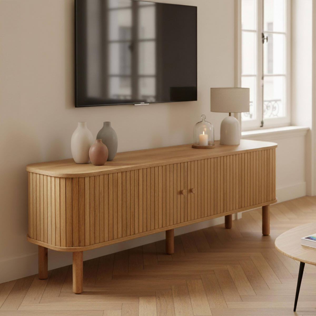 TV-SCHRANK, helles Holzeffekt - Beige, Holz (150/55/40cm) - Oviala