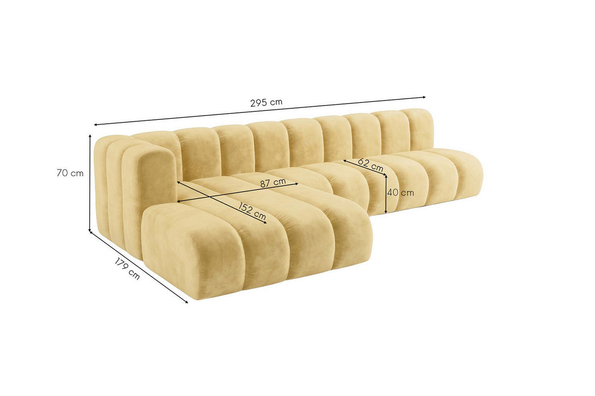 ECKSOFA Modulares In L-Form, Velvet-Stoff Riviera, Buttergelb, Links, GRAND 295 cm - Hellgelb, Holz (295/179cm) - Kaiser Möbel