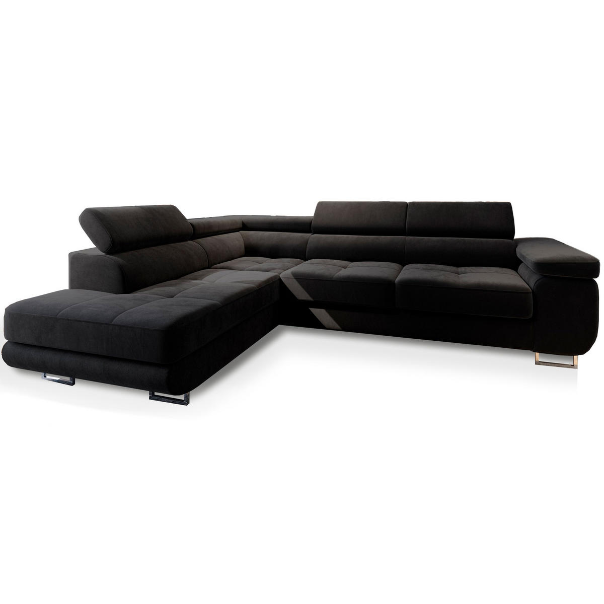 ECKSOFA SELVA L-S Schwarz Velours-Stoff mit Schlaffunktion - Schwarz, Holz (275/202cm) - MASSENO