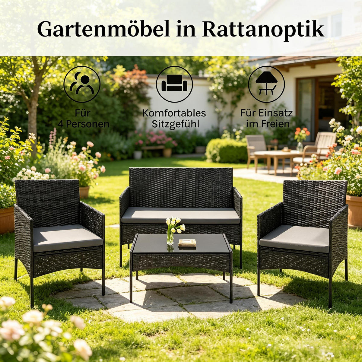 DINING-LOUNGESET 4 Stück mit 1 Couchtisch, 2 Sessel, 1 Doppelsofa - Schwarz, Textil - Coonoor