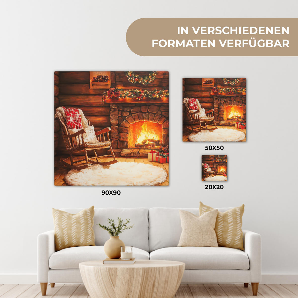 LEINWANDBILD Winter - Weihnachten - Zuhause - Kamin 50x50 cm - Bernsteinfarben, Textil (50/50cm) - MuchoWow