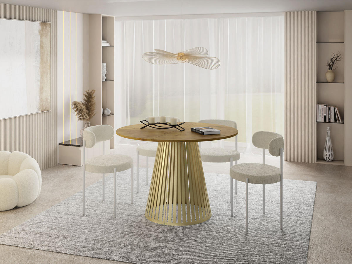 ESSTISCH Naro rund ausziehbar mit Goldenem Lamellen-Metallgestell, Braun 100-180/100/76 cm - Eichefarben/Goldfarben, Holzwerkstoff/Metall (100/100/76cm) - WFL GROUP