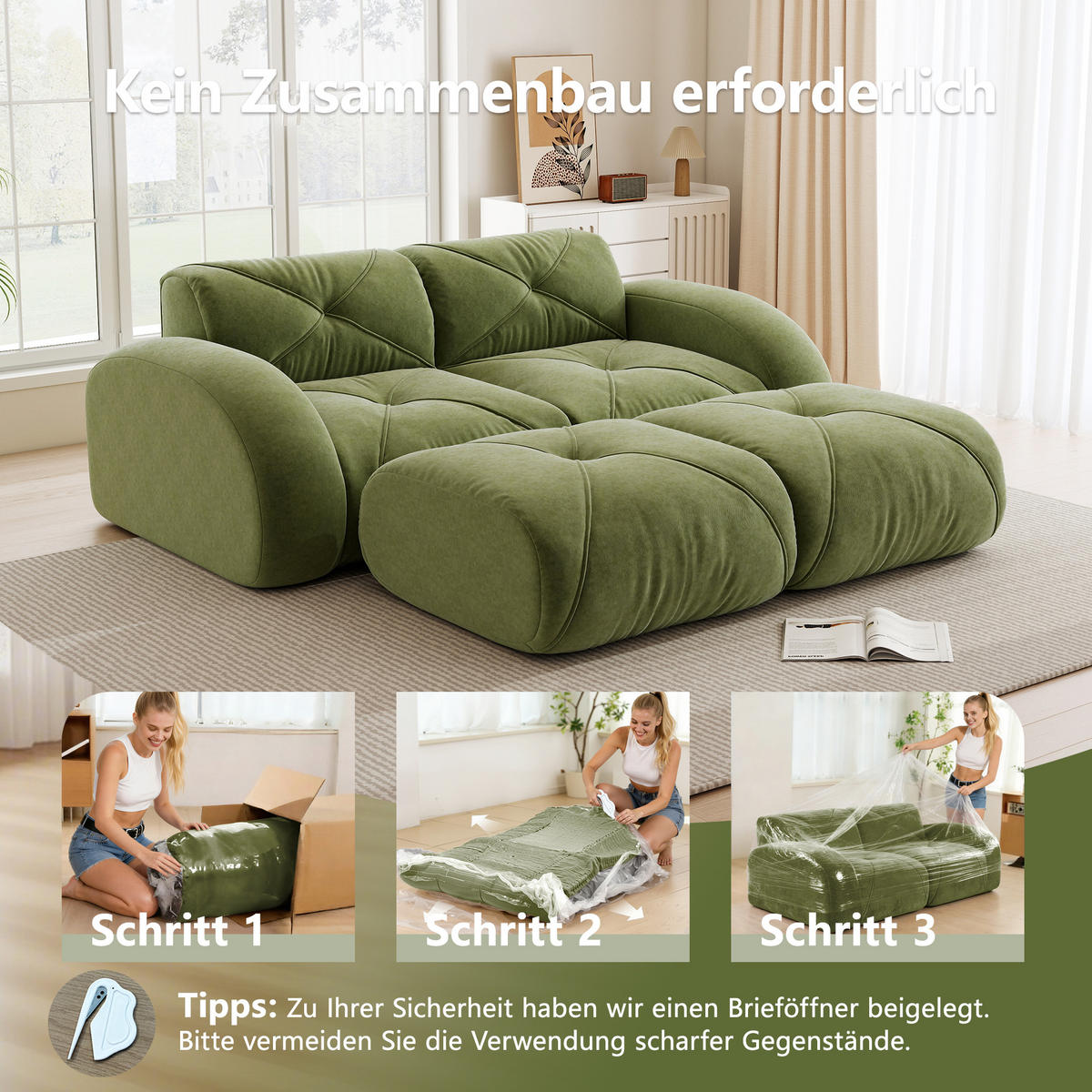 2-SITZER SOFA Chenille Grün mit 2 Hocker - Grün, Textil (204/76/171cm) - WISHDOR