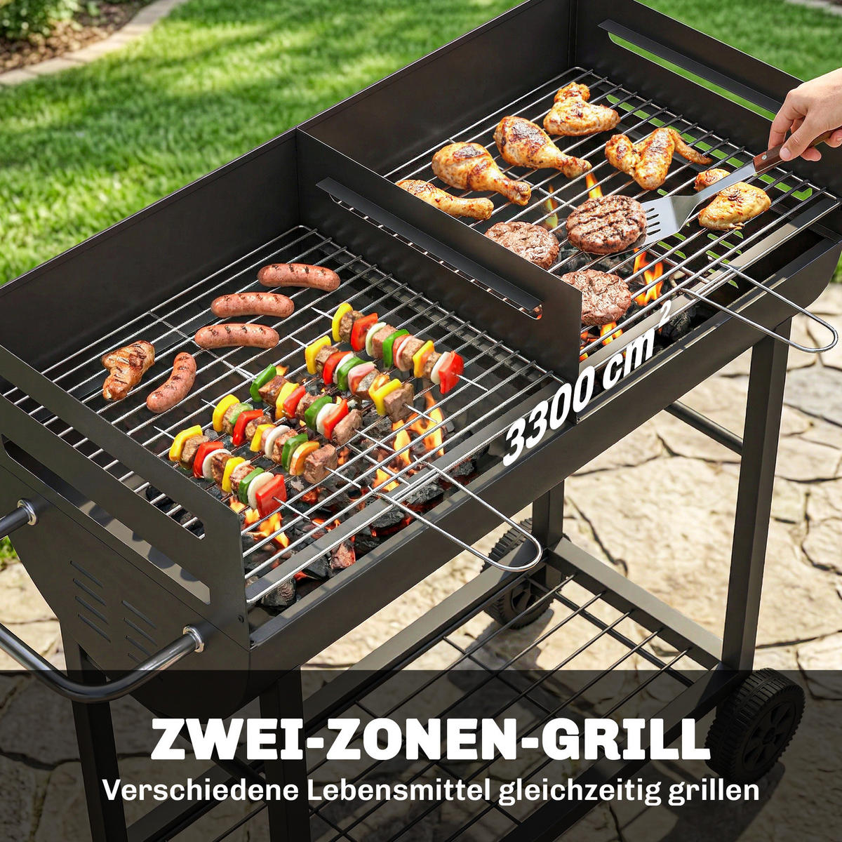 HOLZKOHLEGRILL mit Räder aus Metall Schwarz - Schwarz, Metall (46.5/100/103cm) - Outsunny