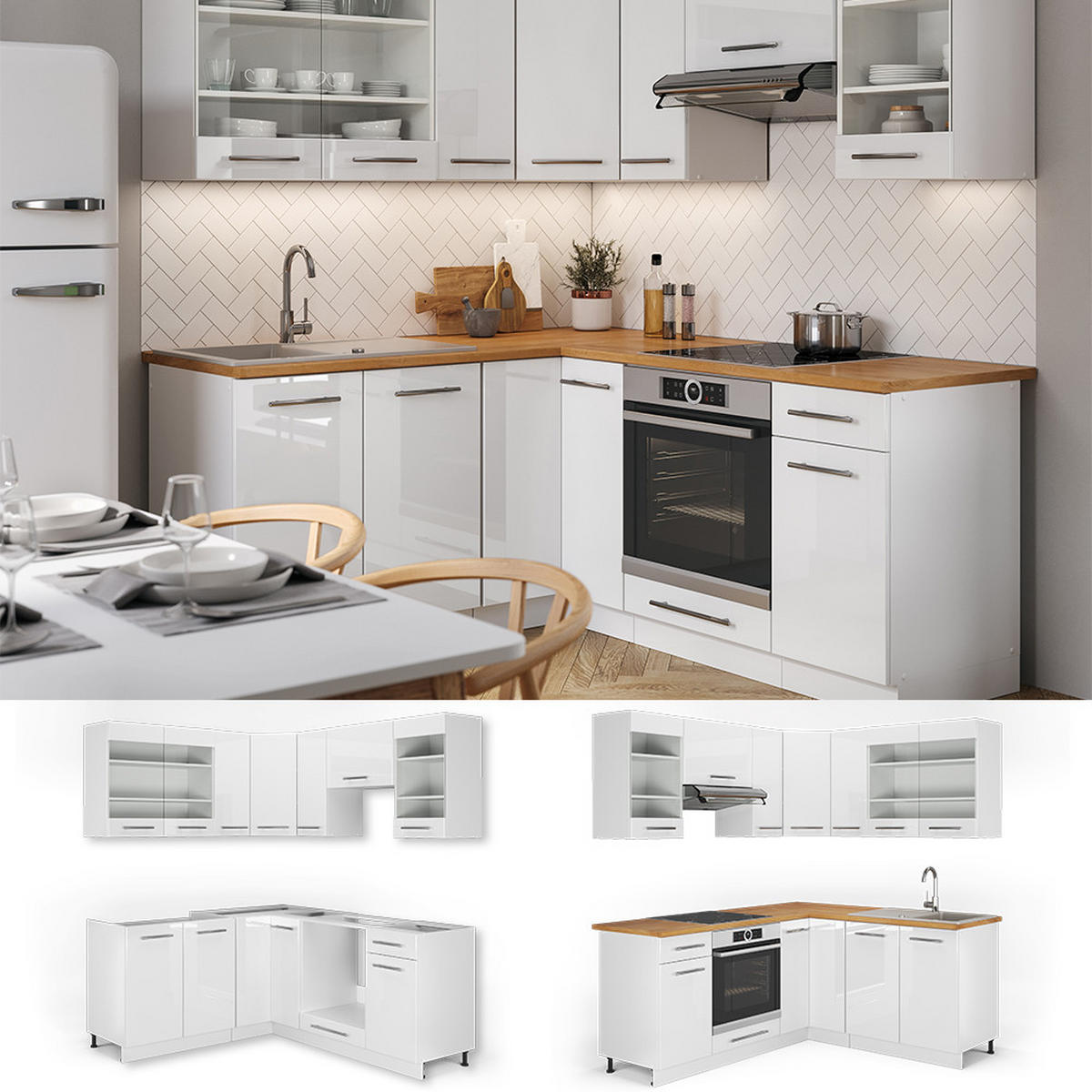 ECKKÜCHE Fame-Line Weiß/Weiß Hochglanz 190 x 160 cm ohne Arbeitsplatte - Weiß, Holzwerkstoff (190/81.6/46cm) - Vicco