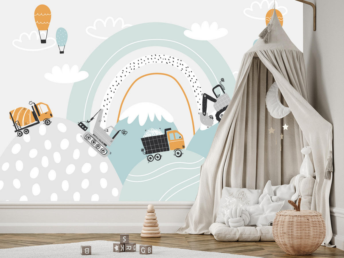 FOTOTAPETE für Kinderzimmer Baumaschinen Regenbogen Hügel Wolken 300x210 - Blau/Schwarz, Papier (300/210cm) - Muralo