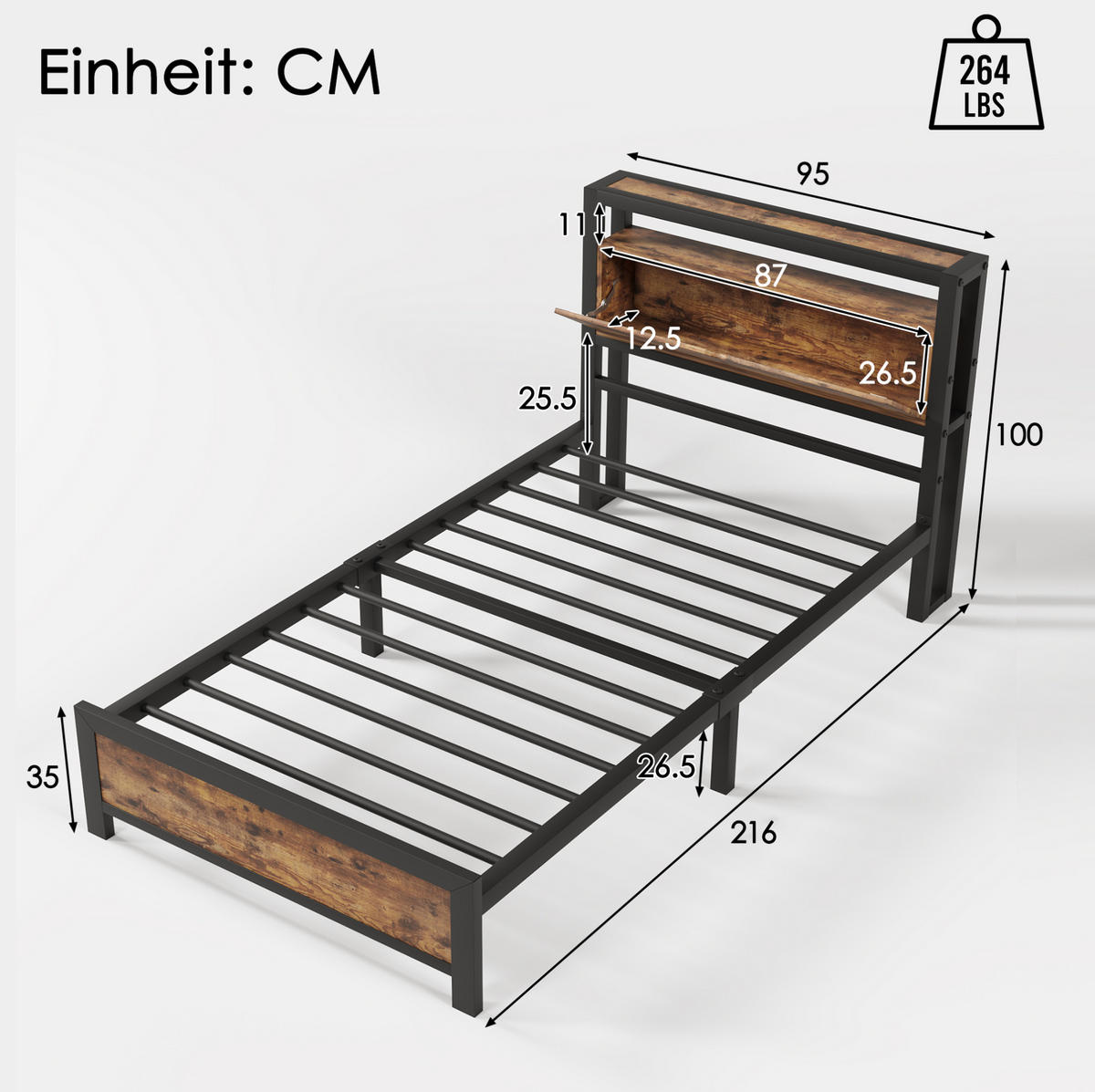 METALLBETT aus Metall und Holz 90x200 cm in Natur mit Stauraum-Kopfteil - Naturfarben, Metall (90/200cm) - Modfu