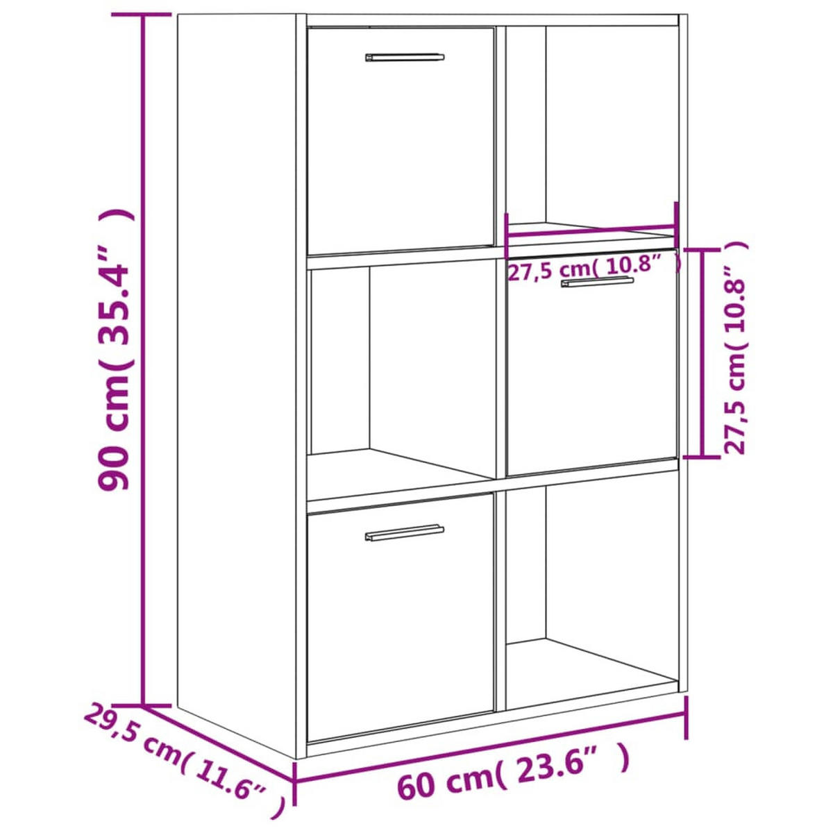 BÜCHERSCHRANK mit 3 Fächern, 3 Türen 60/29,5/90 cm aus Holzwerkstoff Sonoma-Eiche Dekor - Sonoma Eiche, Holz (60/90/29.5cm) - vidaXL