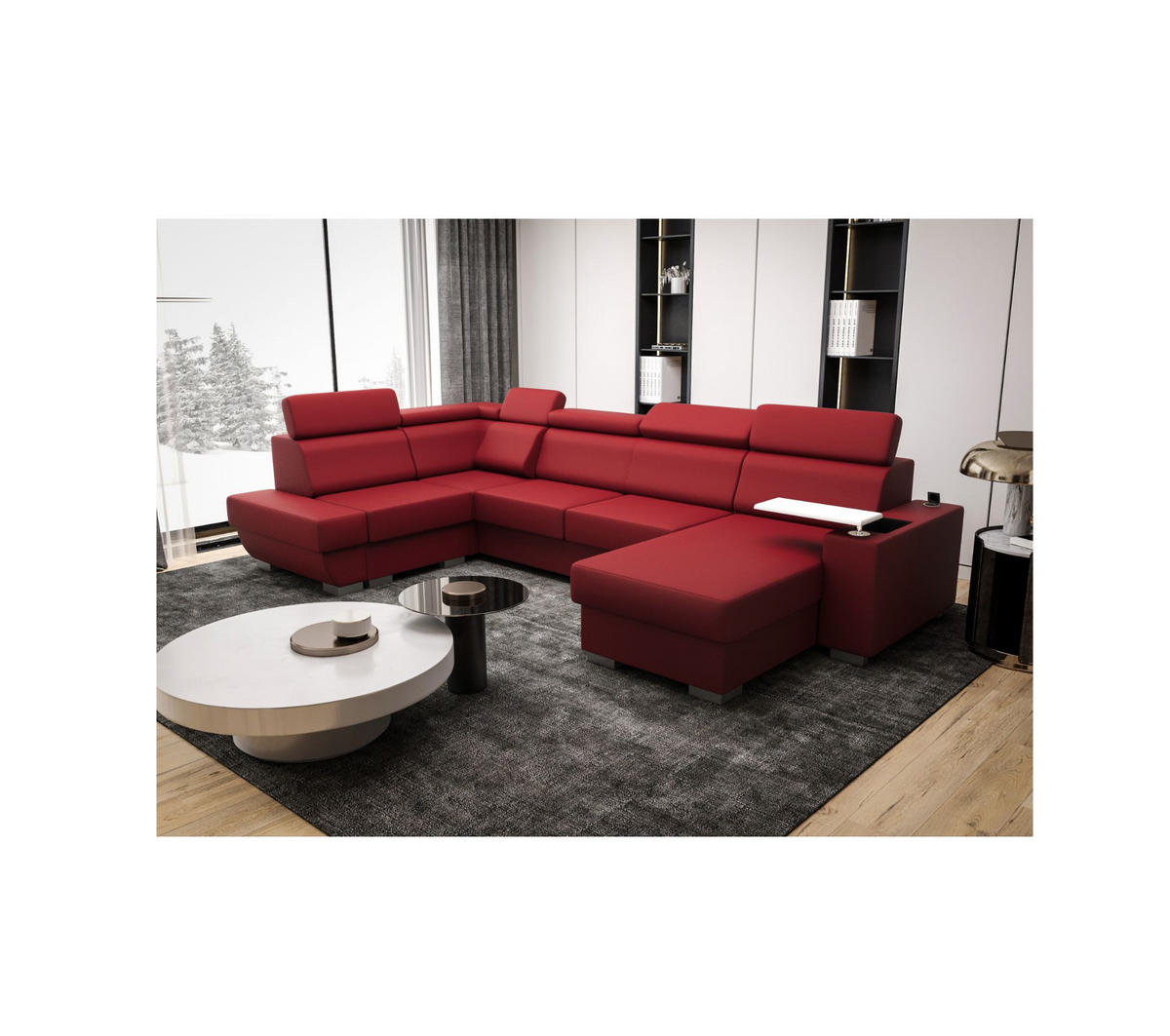 WOHNLANDSCHAFT KONGO RBN20, Eckcouch in U-Form mit Schlaffunktion, Farbe: Rot, Kunstleder, Ottomane Rechts - Rot, Textil (340/103/200cm) - O-Sofa