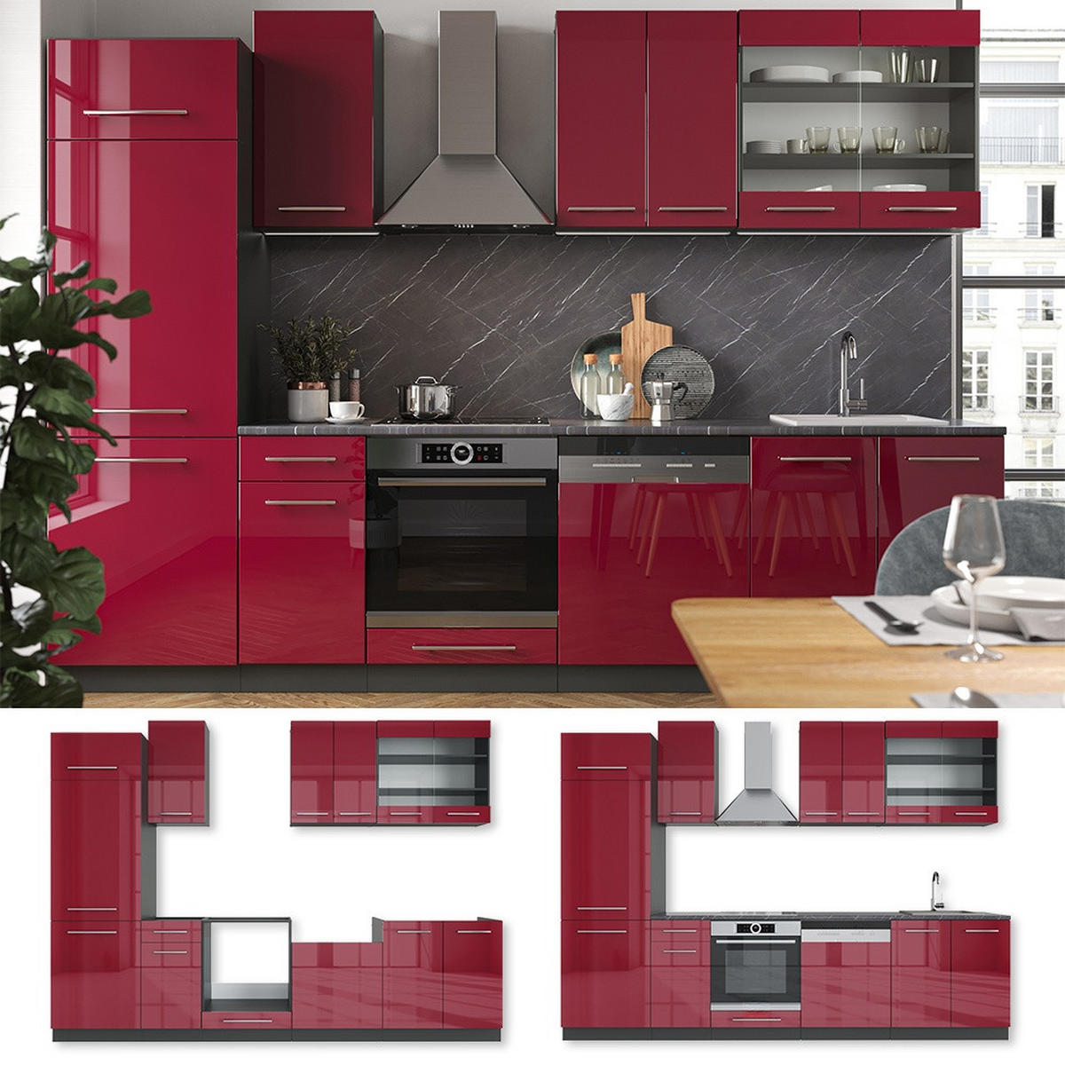 KÜCHENZEILE Fame-Line Bordeaux Hochglanz/Anthrazit 300 cm , AP Anthrazit - Bordeaux/Anthrazit, Holzwerkstoff (300/81.6/60cm) - Vicco