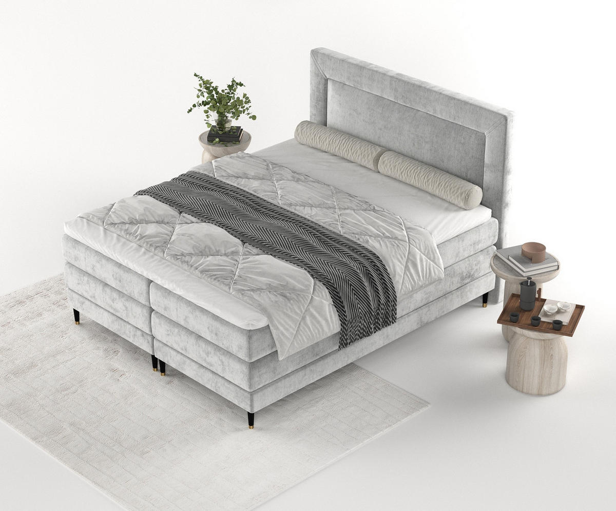BOXSPRINGBETT Madame Hellgrau 160/200 cm mit Matratzen und Topper - Hellgrau/Schwarz, Holz/Holzwerkstoff (160/200cm) - Maison de Reve