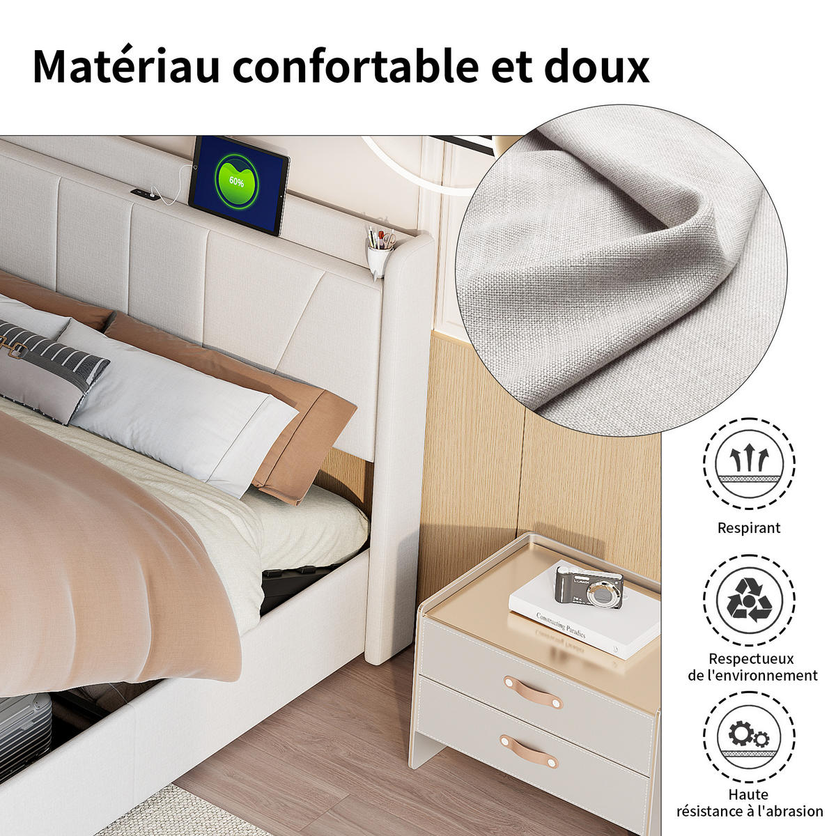POLSTERBETT 160x200 cm, Beige, LED-Beleuchtung und USB - Beige, Textil/Metall (160/200cm)