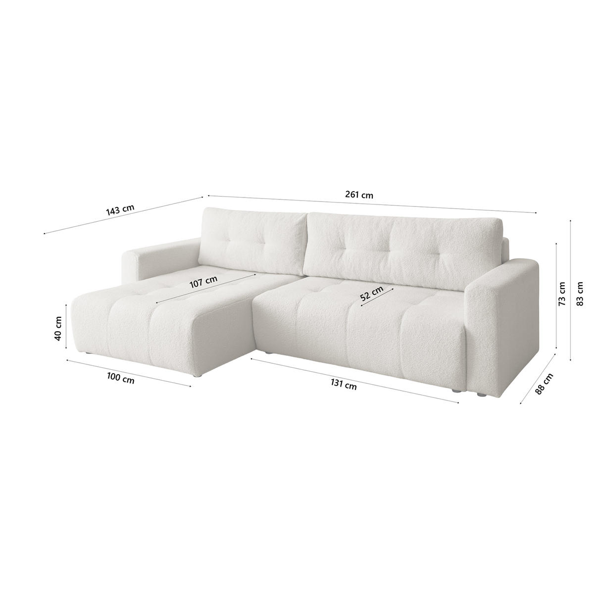 ECKSOFA WALONGO mit Schlaffunktion, Creme - Weiß, Textil (261/143cm) - Fedve