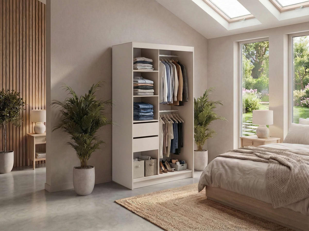 SCHWEBETÜRENSCHRANK mit Spiegel und Schubladen - WALENCJA - 120 - Kaschmir-Grau lacobel - Kaschmir/Alufarben, Holzwerkstoff/Metall (120/216/61cm) - MKS