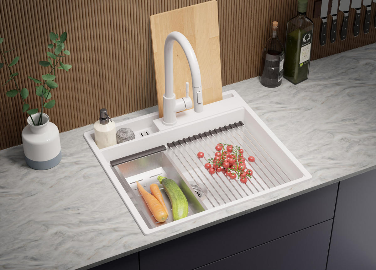 SPÜLBECKEN Oslo Pocket, 2-er set Weiß 58/53 cm 1 Becken + Ablauf-Set + Küchenzubehörset ab 60er Unterschrank - Chromfarben/Beige, Kunststoff (58/20/53cm) - Primagran