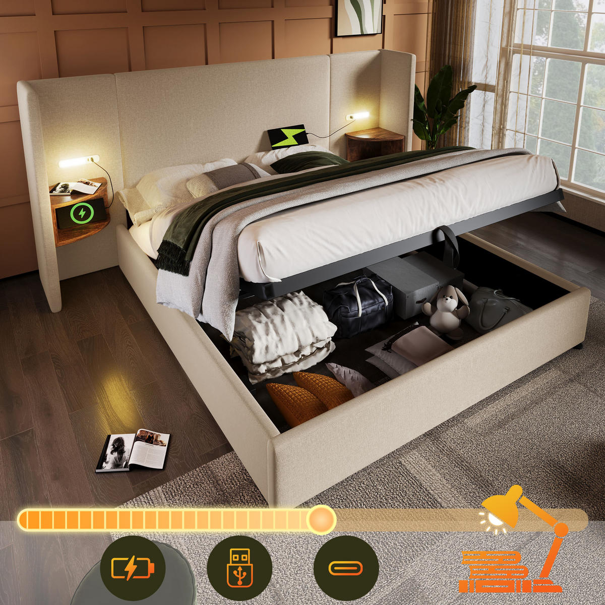STAURAUMBETT 180/200 cm DE-00857, in Beige, Nachttisch und Hydraulik - Beige, Metall (180/200cm) - ComfortXL