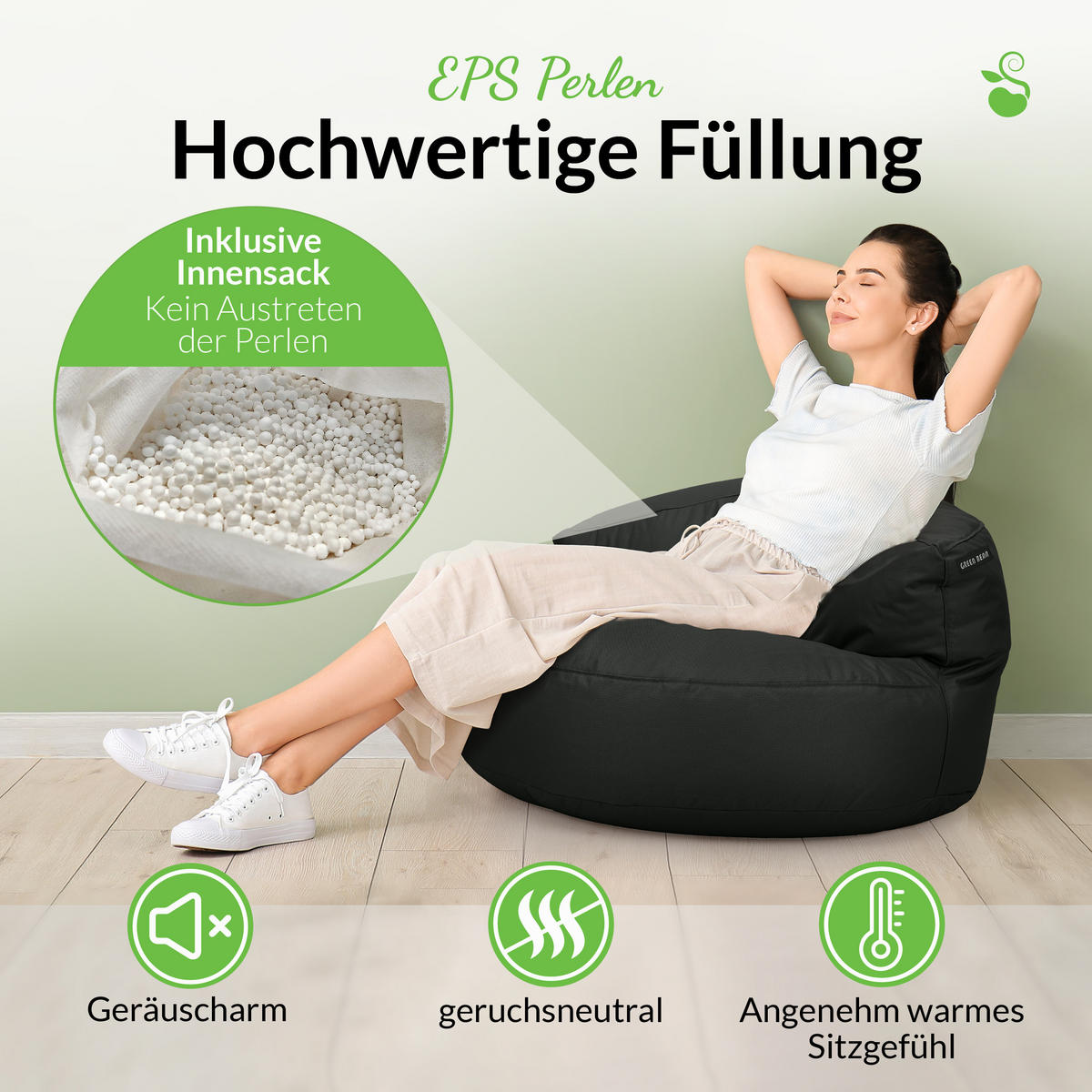 INDOOR OUTDOOR SITZSACK Lounge Sofa - Schwarz, Textil (90/50/50cm) - Green Bean