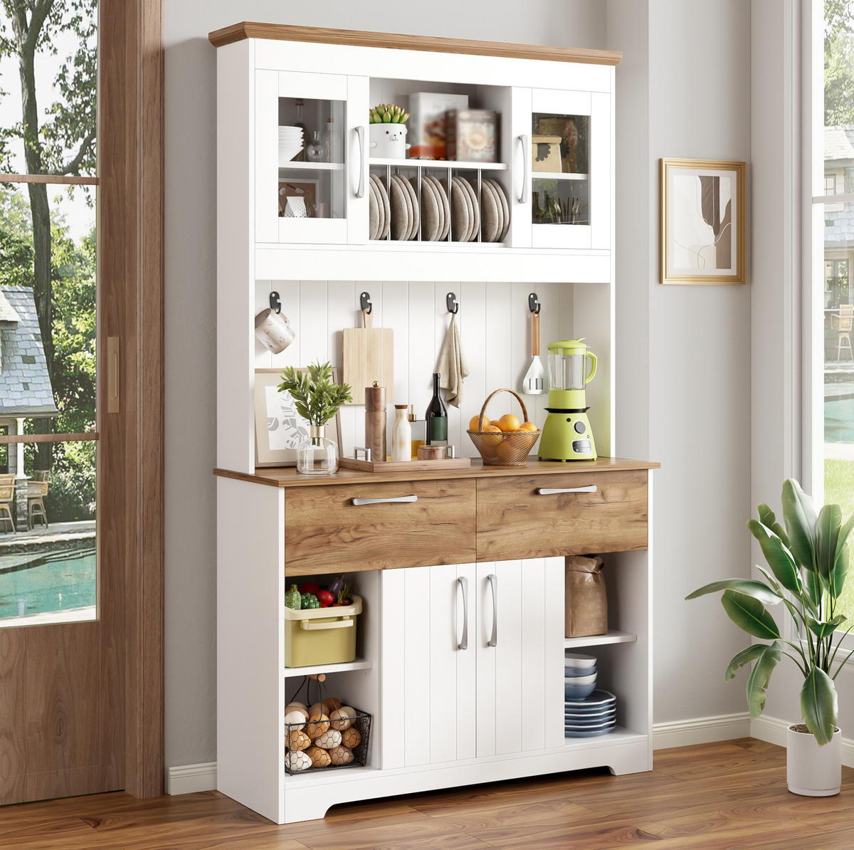 BUFFET aus Spanplatte 106x39x176,5 cm Weiß/Natur mit Vitrinenfächern, 2 Schubladen und Hakenleiste - Naturfarben, Holzwerkstoff (106/176.5/39cm) - Modfu