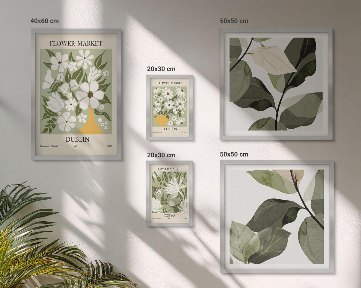 WANDBILDER 5er Set - 50x50 cm & 20x30 cm & 40x60 cm Silberner Rahmen - Blumenmuster London Dublin - Silberfarben, Kunststoff (40/60cm) - ArtPrintCave