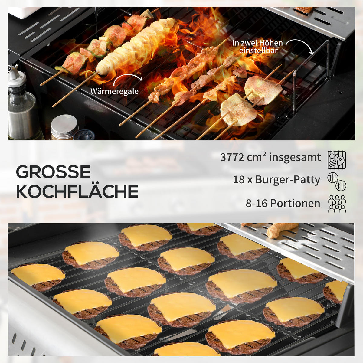 GASGRILL mit 2+1 Brenner, Thermometer, 3kW BBQ Holzkohlgrill mit Regal - Schwarz, Metall (53/101/161cm) - Outsunny