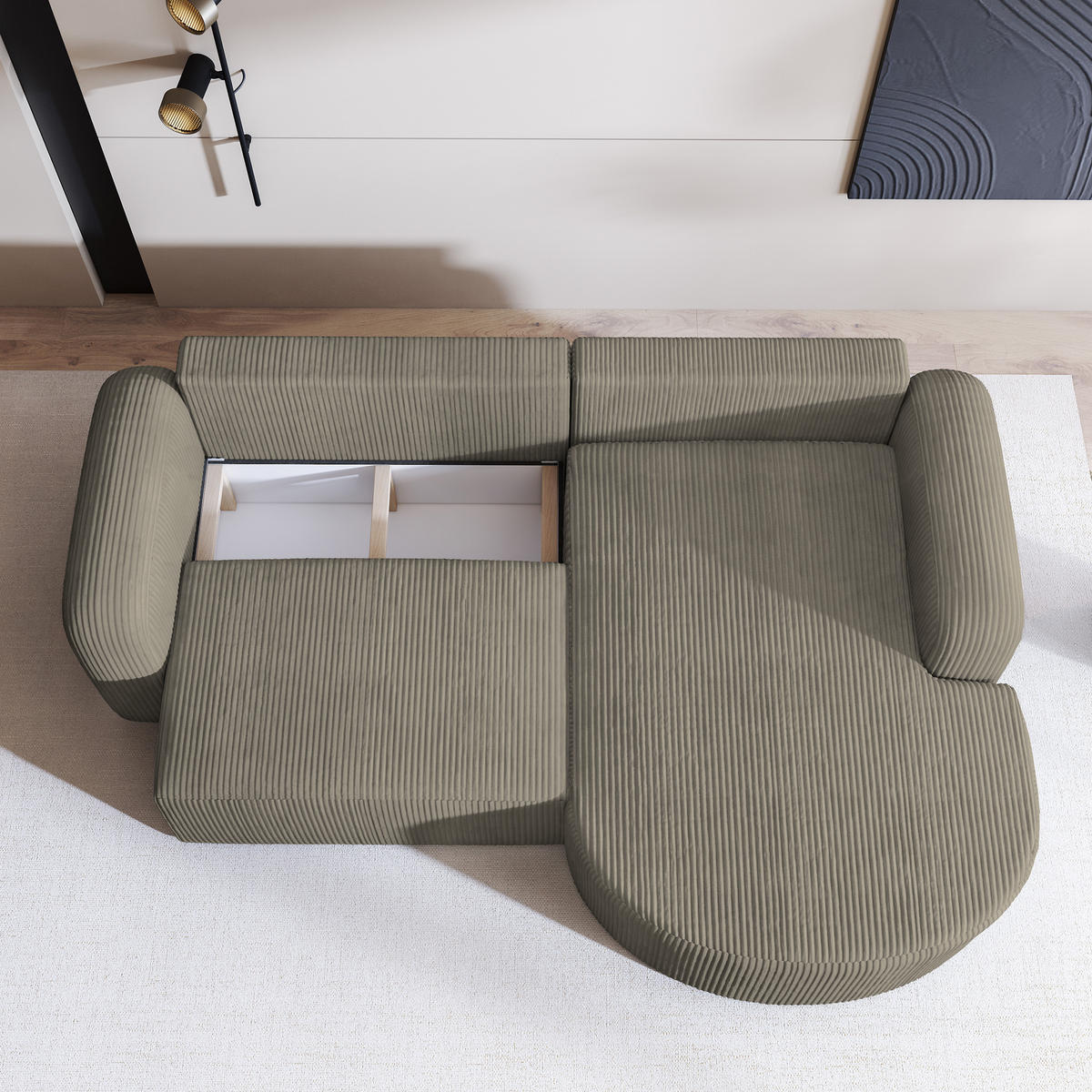 ECKSOFA AMILIA P R-S Beige Kordstoff mit Schlaffunktion - Beige, Holz (263/174cm) - MASSENO