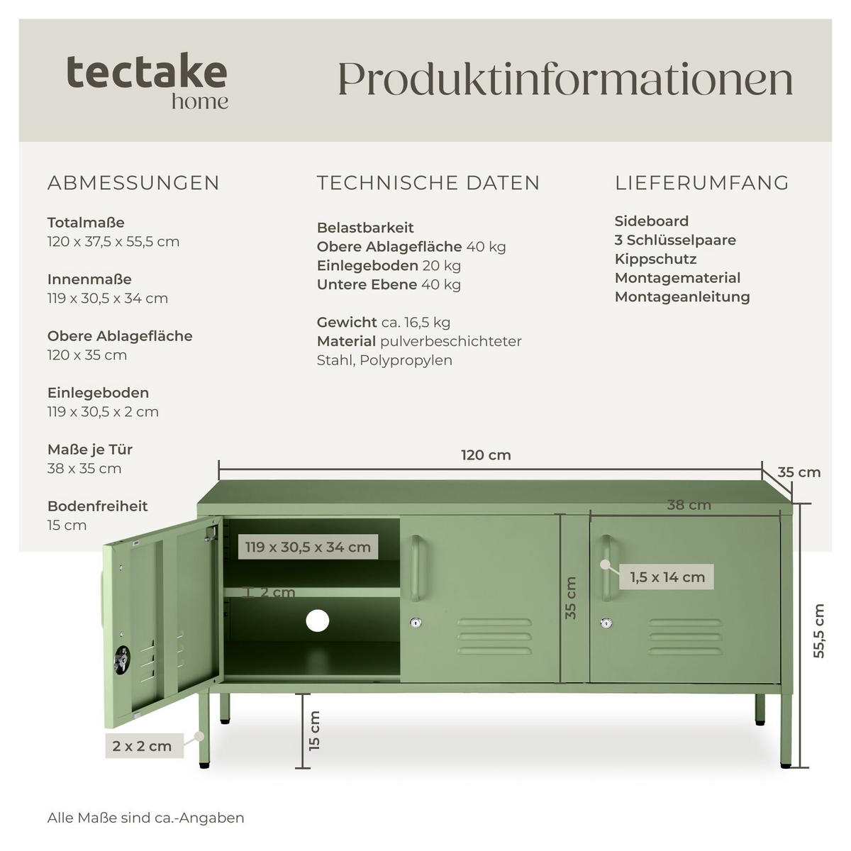 SIDEBOARD Baker, Kippschutz, höhenverstellbare Füße, salbeigrün - Salbeigrün, Metall (120/55.5/37.5cm) - tectake