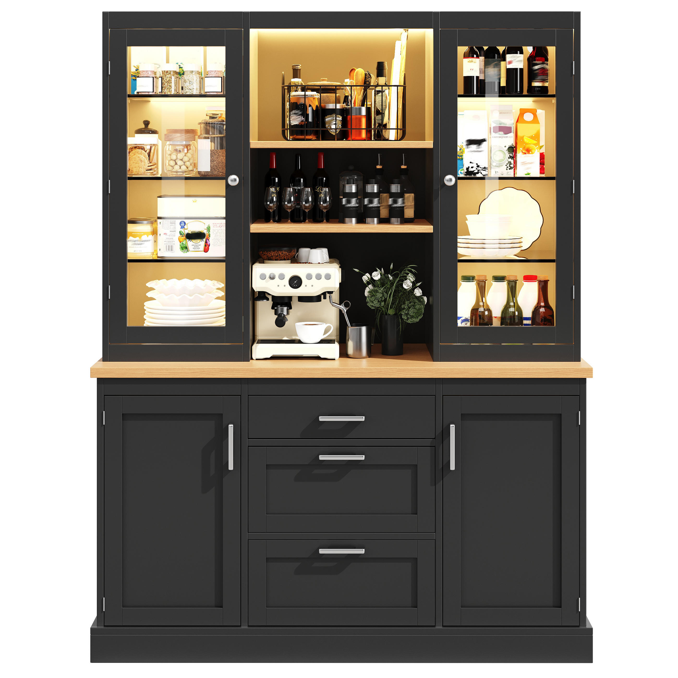 KÜCHENSCHRANK LED App 185x140x40Cm Arbeitsplatte - Schwarz, Holzwerkstoff (140/185/40cm) - FLIEKS