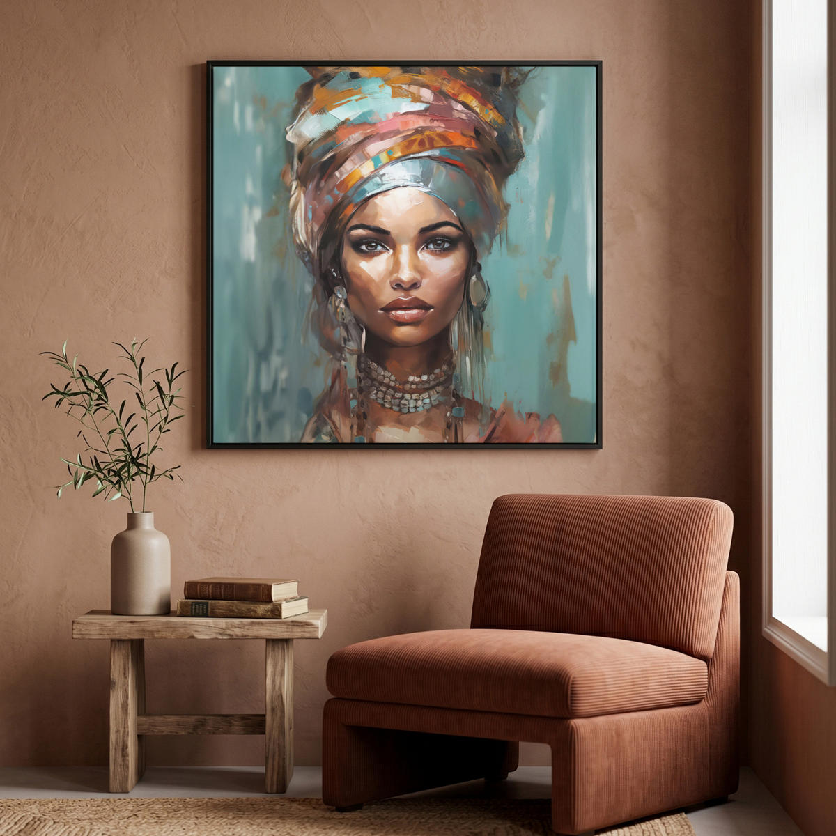 LEINWAND Bilder mit Rahmen - Frau - Kunst - Schmuck - Porträt - 90x90 - Blaugrau, Textil (90/90cm) - MuchoWow