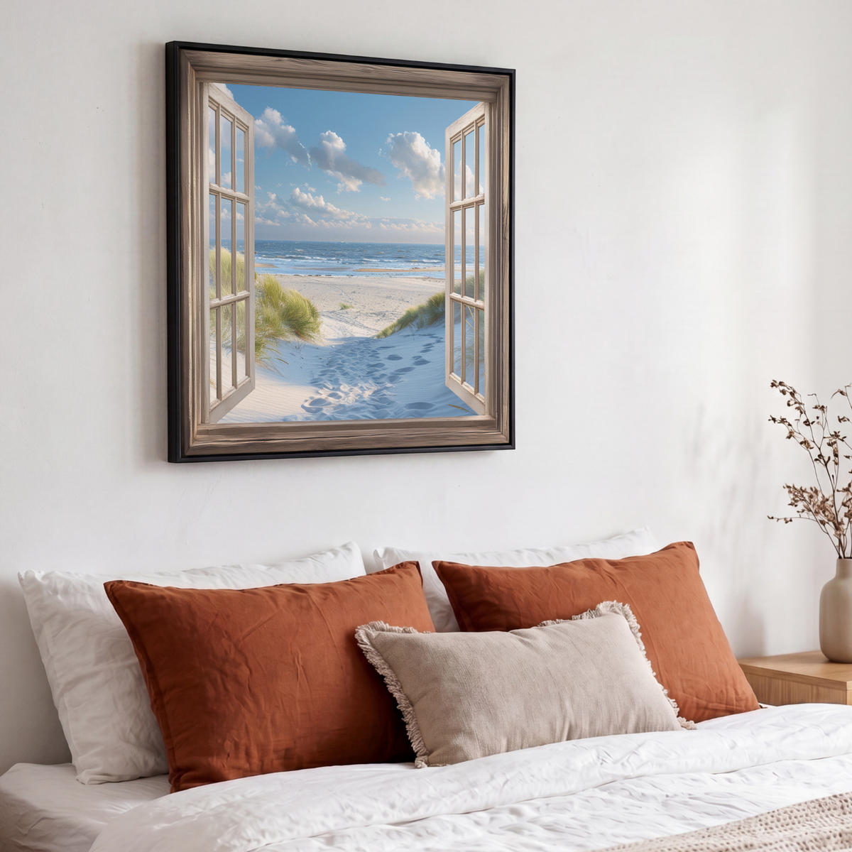 LEINWAND Bilder mit Rahmen - Aussicht - Strand - Fenster - Dünen - Meer - 50x50 - Hellblau, Textil (50/50cm) - MuchoWow