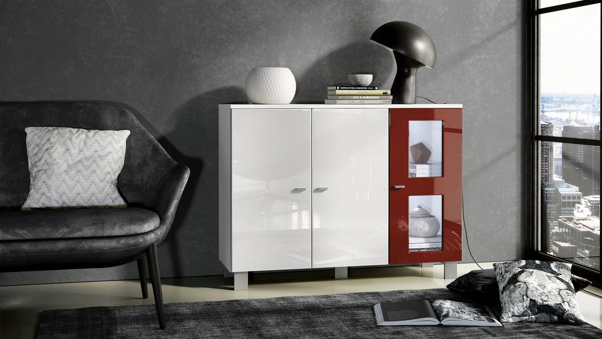SIDEBOARD Denjo Tür in Bordeaux Hochglanz - Bordeaux, Holzwerkstoff (107/81/35cm) - Vladon