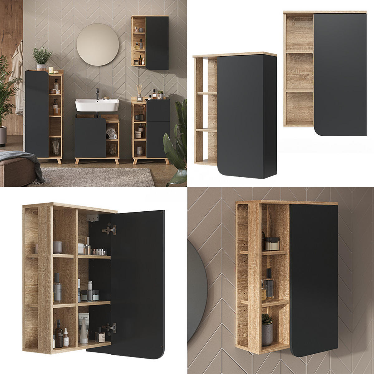 BADSCHRANK Karen Anthrazit 50 x 75 cm mit Tür und offenen Fächern - Anthrazit, Holzwerkstoff (50/75/20cm) - Vicco