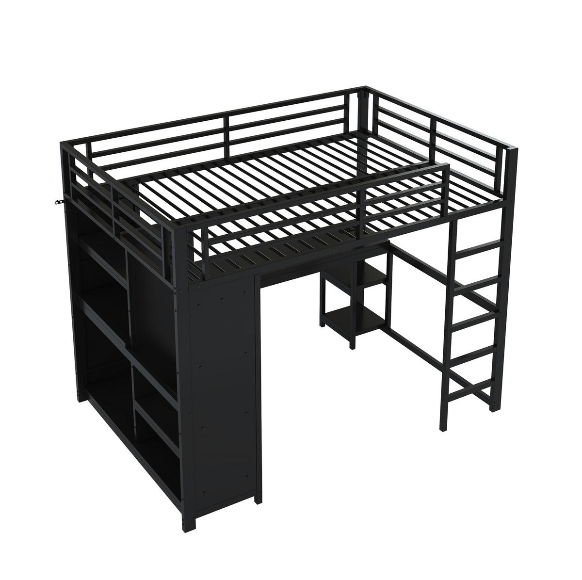 HOCHBETT aus Metall 140x200 cm Schwarz mit LED, Schreibtisch, offenem Kleiderschrank und Ablagefächern - Schwarz, Metall (90/200cm) - Modfu