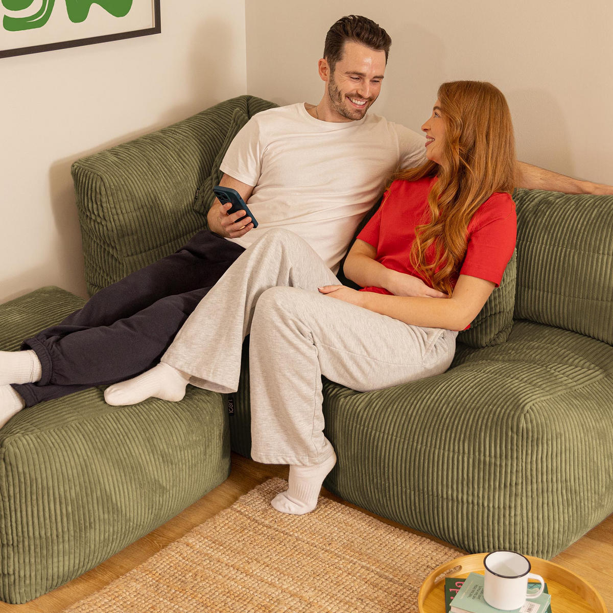 SITZSACK-SOFA 3-tlg. modular cord Noa - Salbeigrün, Textil (228/70/78cm) - icon