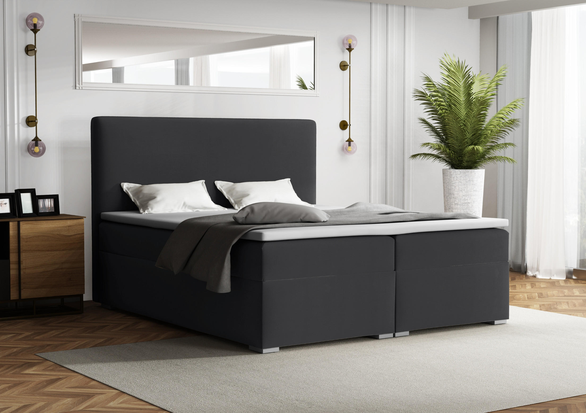 BOXBETT BASIC 200/200 Velours Anthrazit mit Bonell-Federkernmatratzen H3 - Anthrazit, Holz/Holzwerkstoff (200/200cm) - Deine Möbel 24