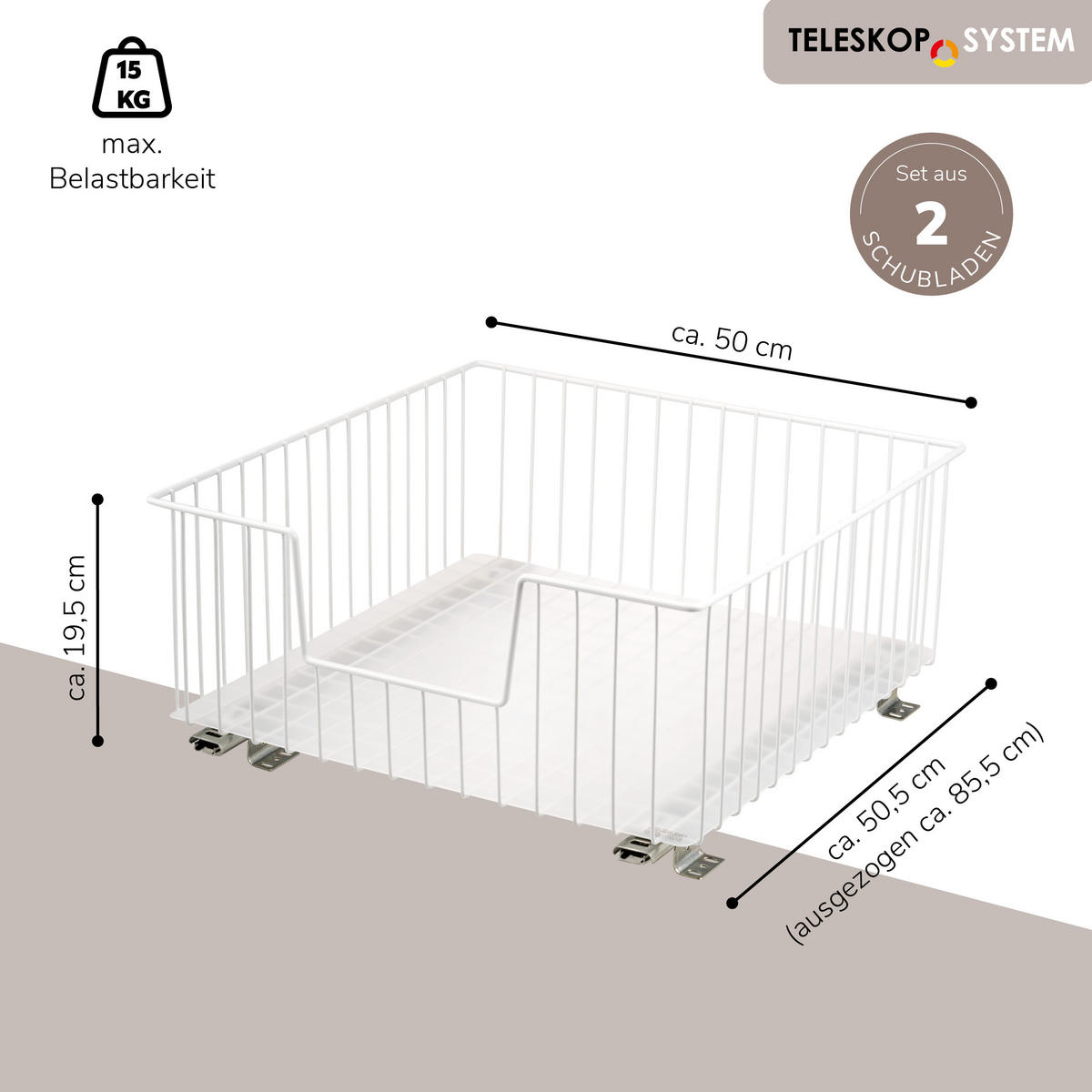 SCHRANK-KORBAUSZUG 50 cm, weiß, Metall - Weiß, Metall (50/23/50.5cm) - bremermann