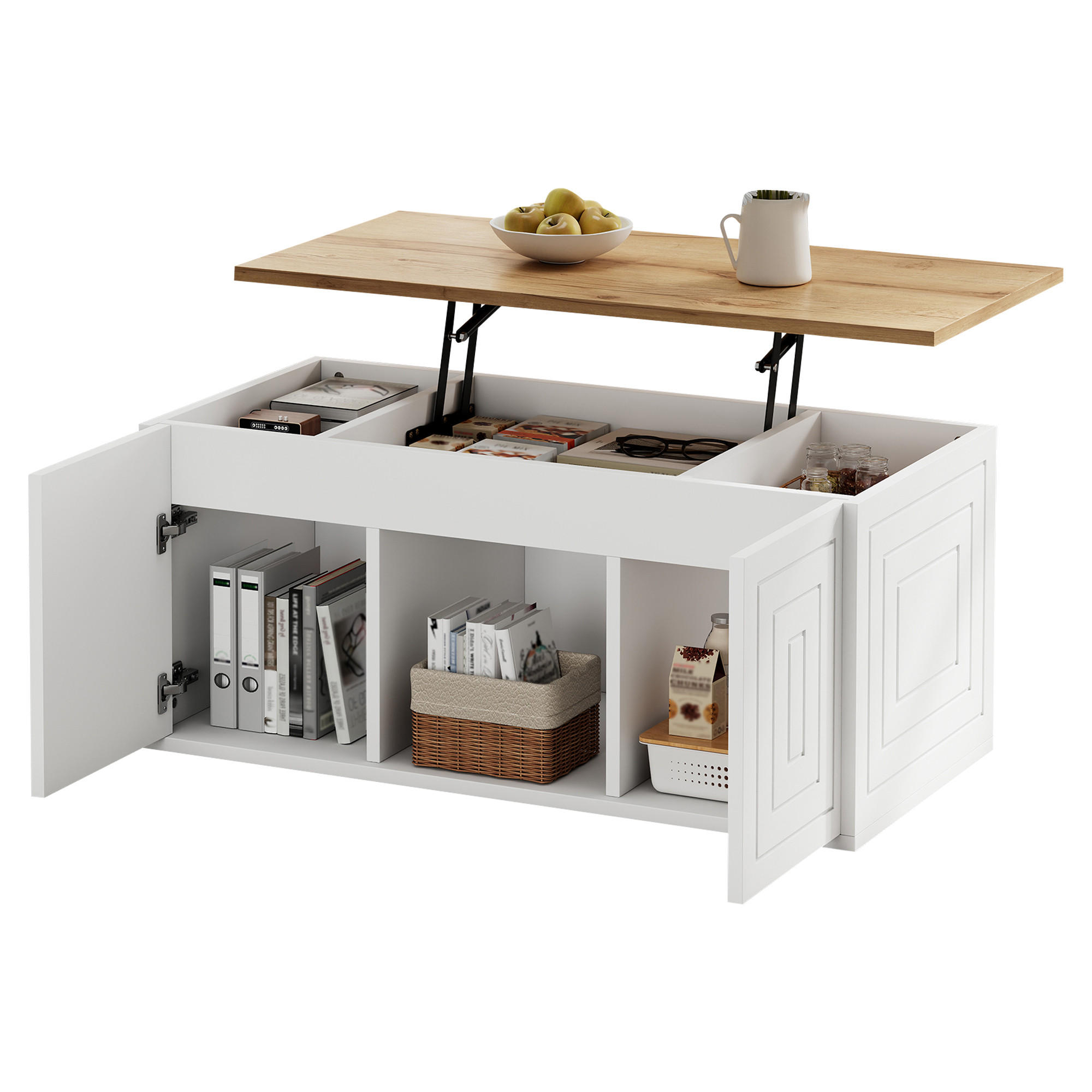 COUCHTISCH Höhenverstellbarer Multifunktionstisch mit Stauraum, Rillen-Design, Doppeltür-Schrank, Holz/Weiß - Weiß, Holzwerkstoff (95/46/45cm) - EVRYAE