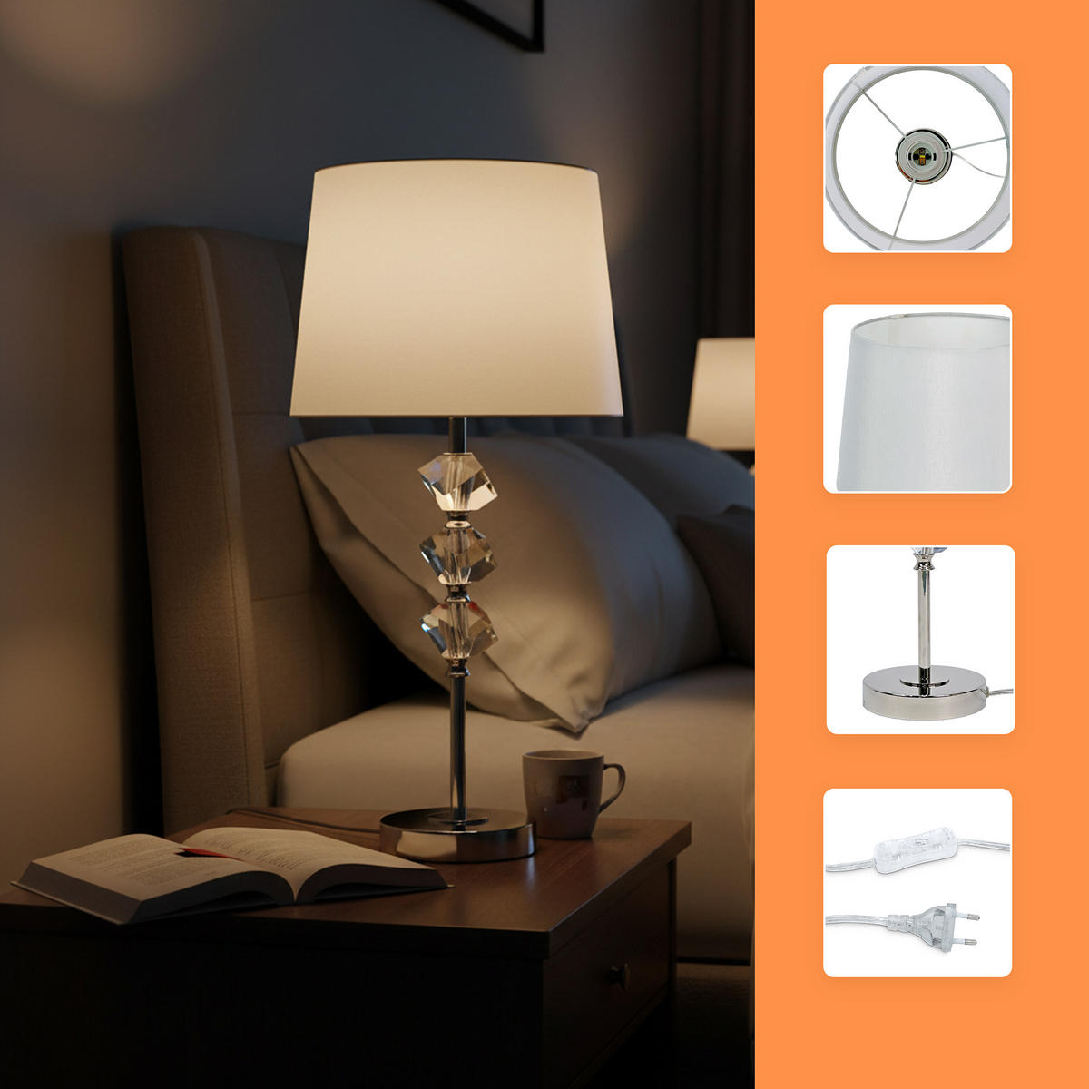 TISCHLEUCHTE - Creme, Glas/Textil (25/25/53cm) - Relaxdays