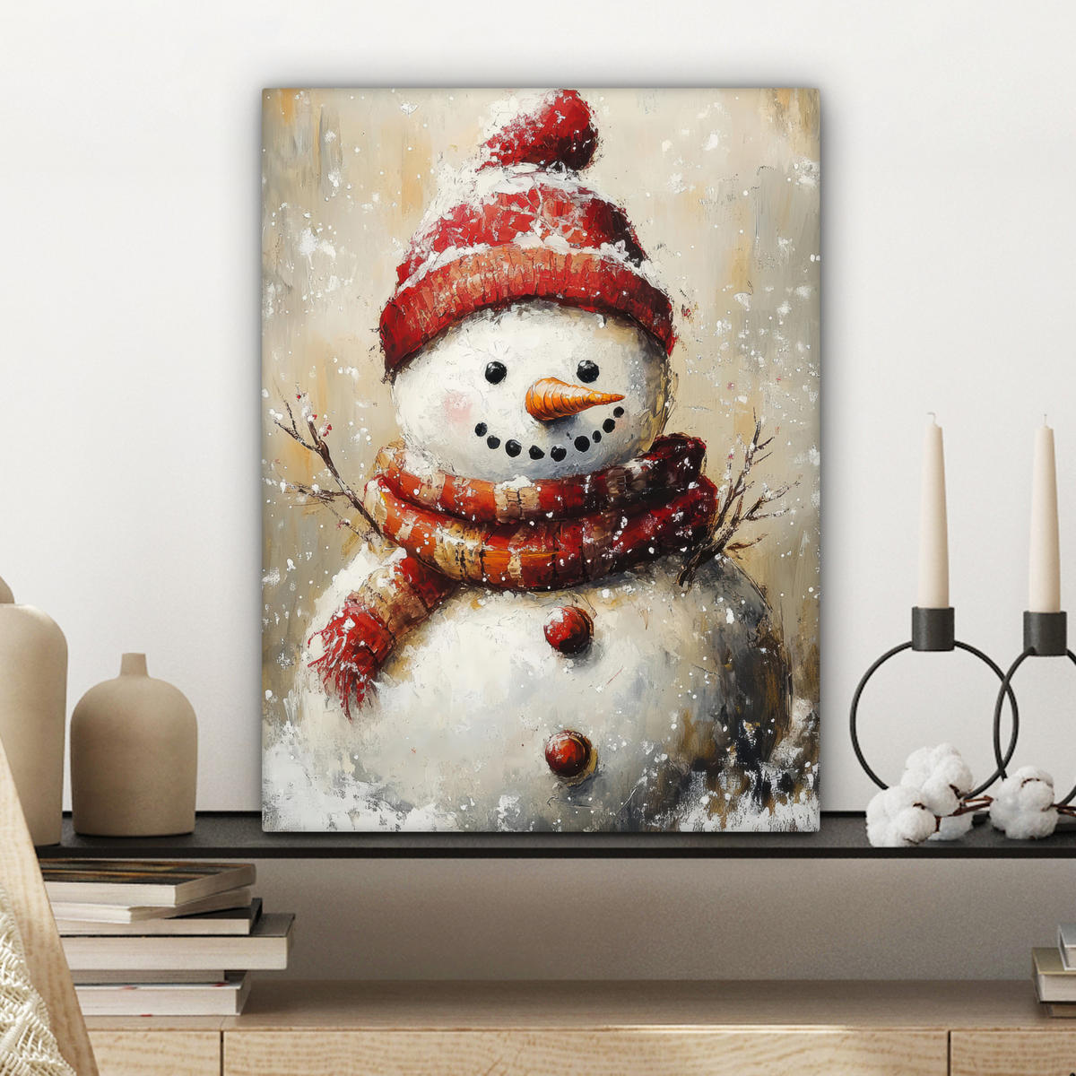 LEINWANDBILD Schneemann - Winter - Schnee - Beige Room Decor 30x40 cm - Weiß, Textil (30/40cm) - MuchoWow