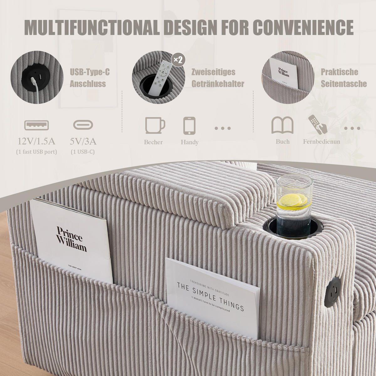 ECKSCHLAFSOFA 3-Sitzer Cord mit Schubladenbett und USB-Anschluss Hellgrau 212,5/136/86 cm - Hellgrau, Textil (136/212.5cm) - Redom