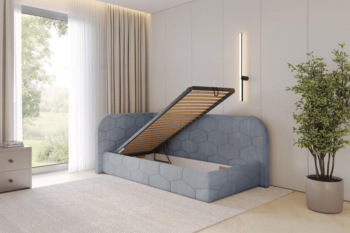 EINZELLBETT Jugendbett mit Bettkasten und Matratze H3/H4, Rechts - JAXY 90x200 Grau - Blaugrau, Holzwerkstoff/Textil (90/200cm) - ALTDECOR
