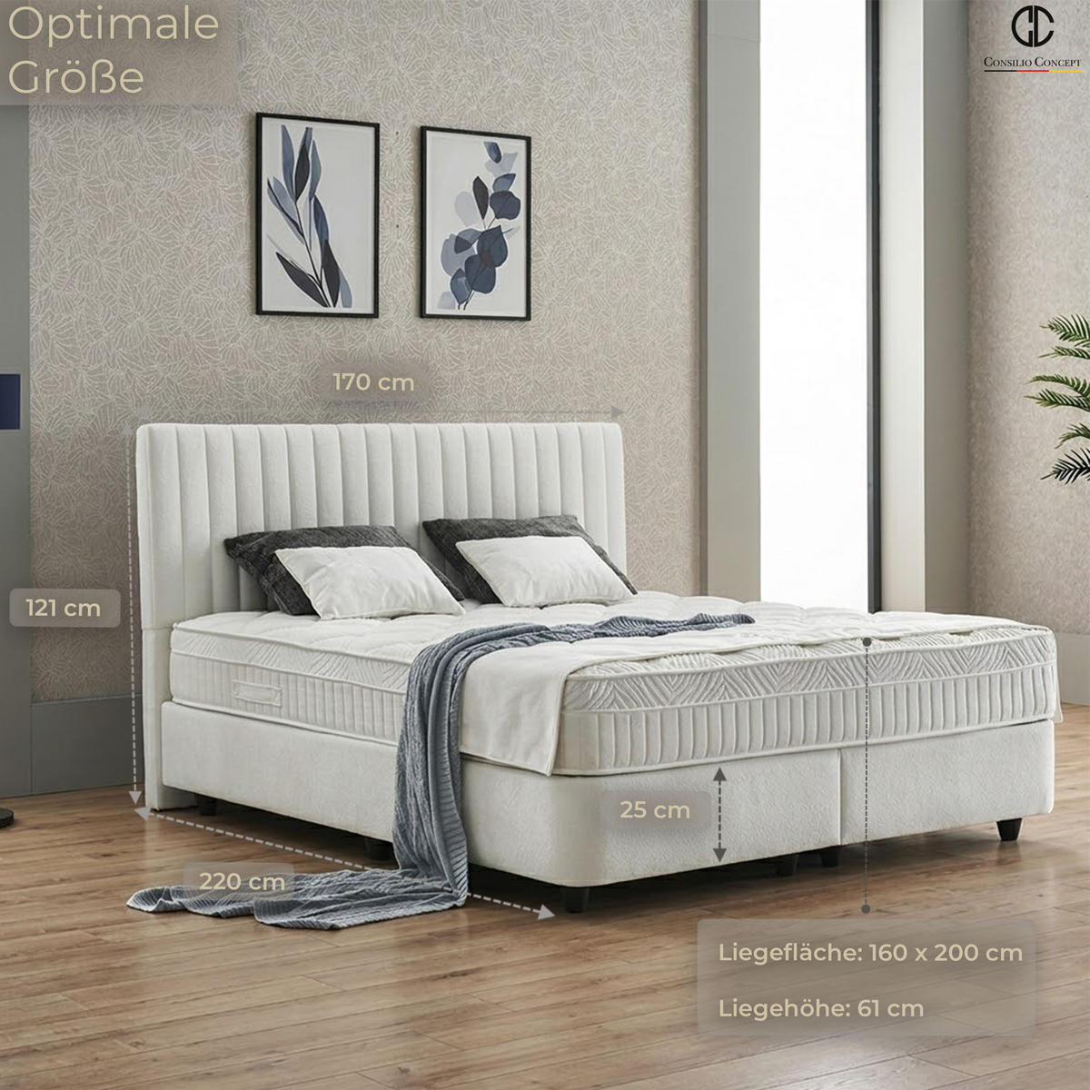 BOXSPRINGBETT MIT BETTKASTEN LYON 160/200 cm, Ivory, Bettkasten, Matratze, Topper integriert, H3 mittel - Creme/Schwarz, Holz/Kunststoff (160/200cm) - Consilio Concept