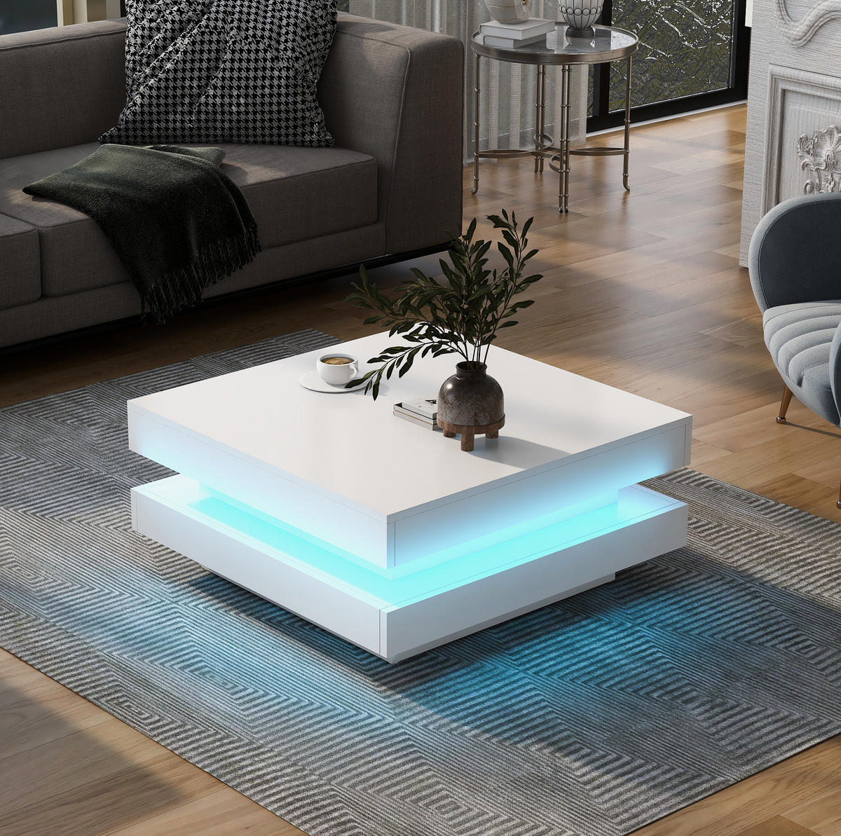 COUCHTISCH, Hochglanz Weiß, Spanplatte mit Bluetooth-LED (App‑gesteuert, USB), 70/70/36 cm,Weiß - Weiß, Holzwerkstoff (70/70/36cm) - Redom