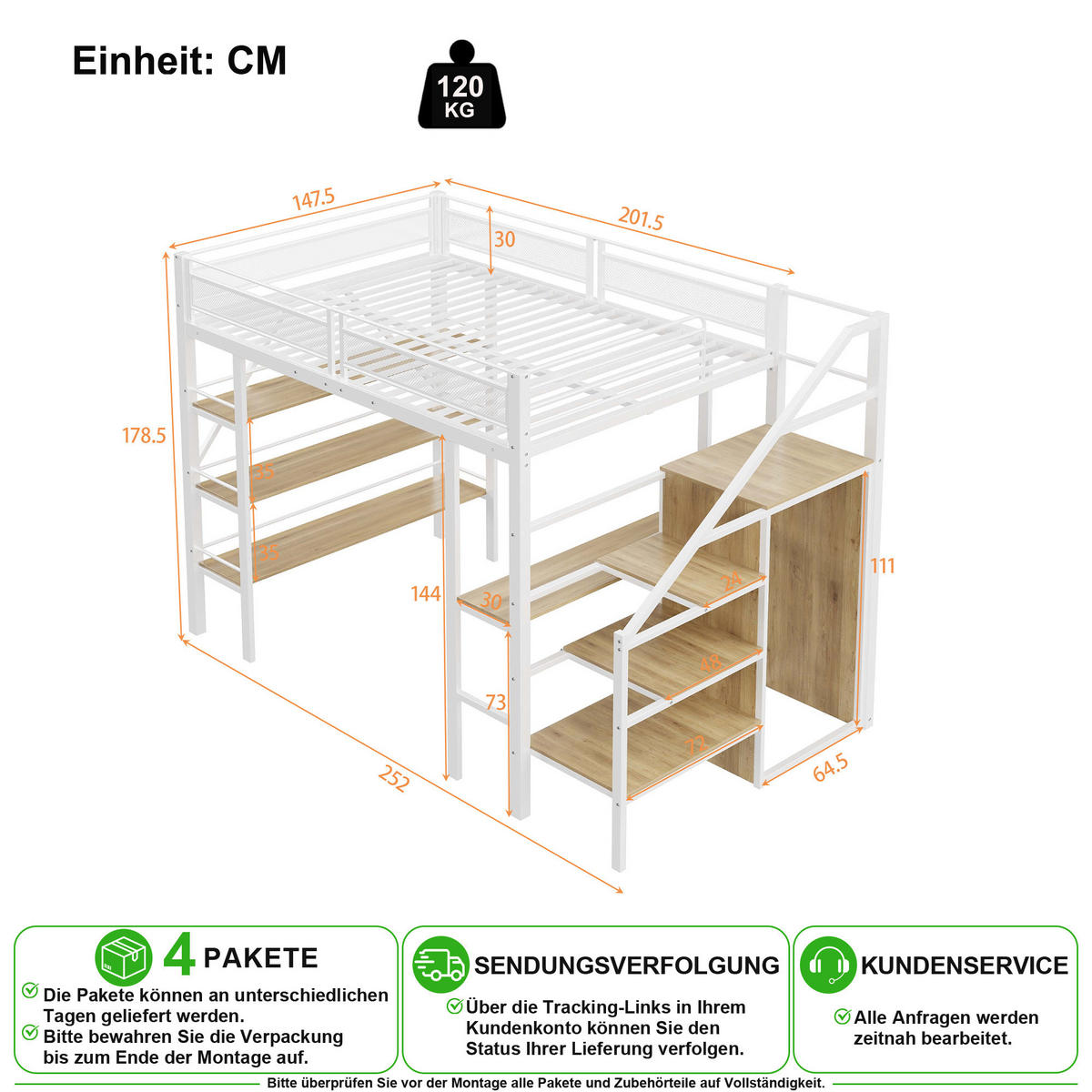 HOCHBETT 140/200 cm in Weiß mit Regal, Schreibtisch und Kleiderschrank - Weiß, Holzwerkstoff/Metall (140/200cm) - CHICFURN