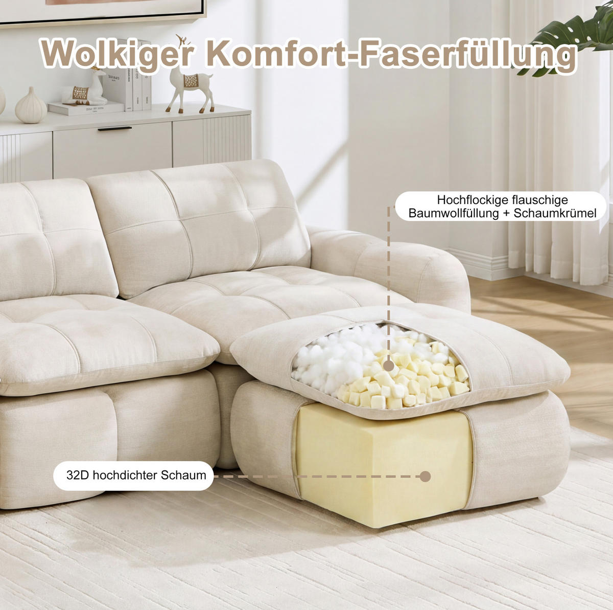 SOFA 194/160/68 cm in Beige mit Chenille-Bezug und Hocker - Beige, Textil (160/68/194cm) - Flora Grace