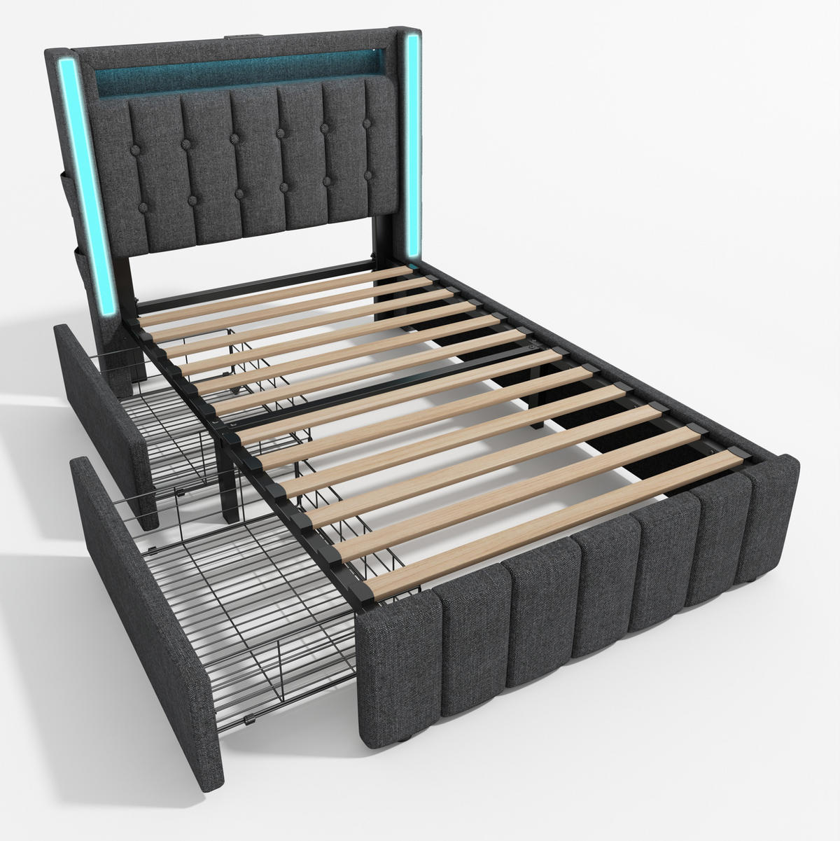 POLSTERBETT 90/200 cm mit USB-, Typ-C-Ladefunktion, LED-Beleuchtung und 2 Schubladen, Grau - Grau, Textil (90/90cm) - Redom