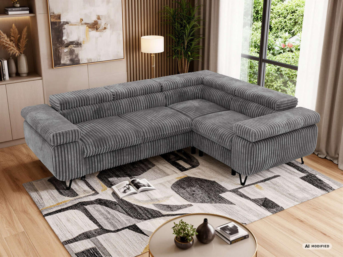 ECKSOFA FALCO L - Grau Cord - Rechts Seite - Schwarz/Grau, Textil/Metall (268/197cm) - MKS
